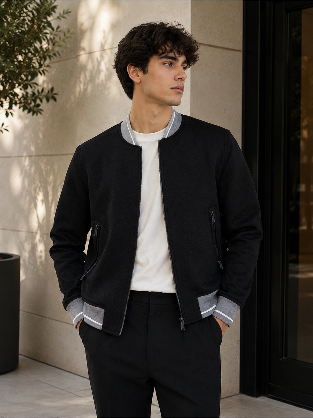 Zara Men's Black Bomber-Style Sweater with Gray Trim